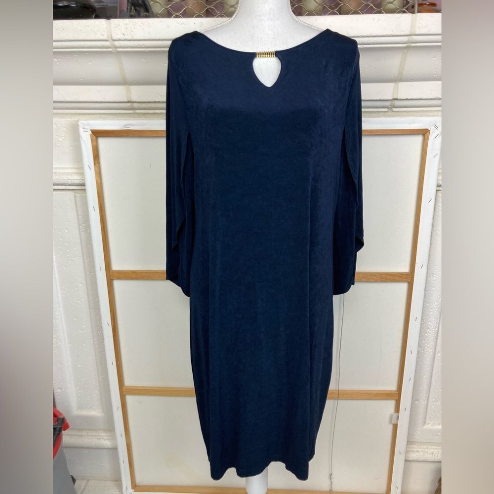 Chico's Midnight Blue Travelers Dress w/ metal ornament and tulip sleeves
